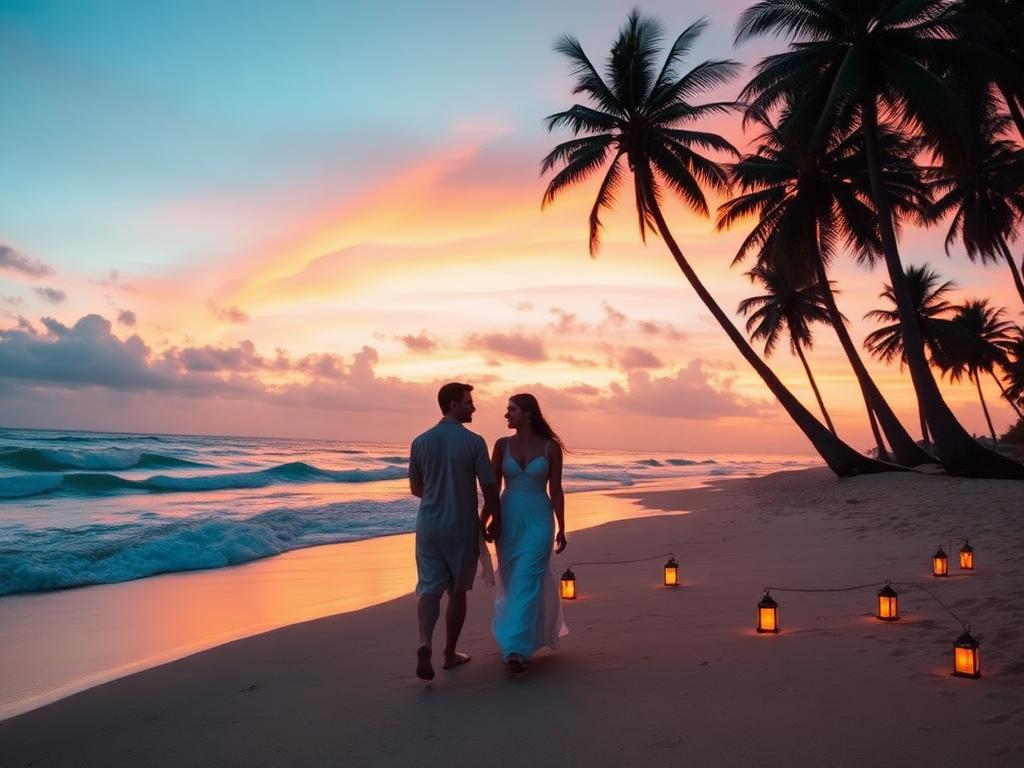 Romantic couple walking on a Sri Lankan beach at sunset with lanterns